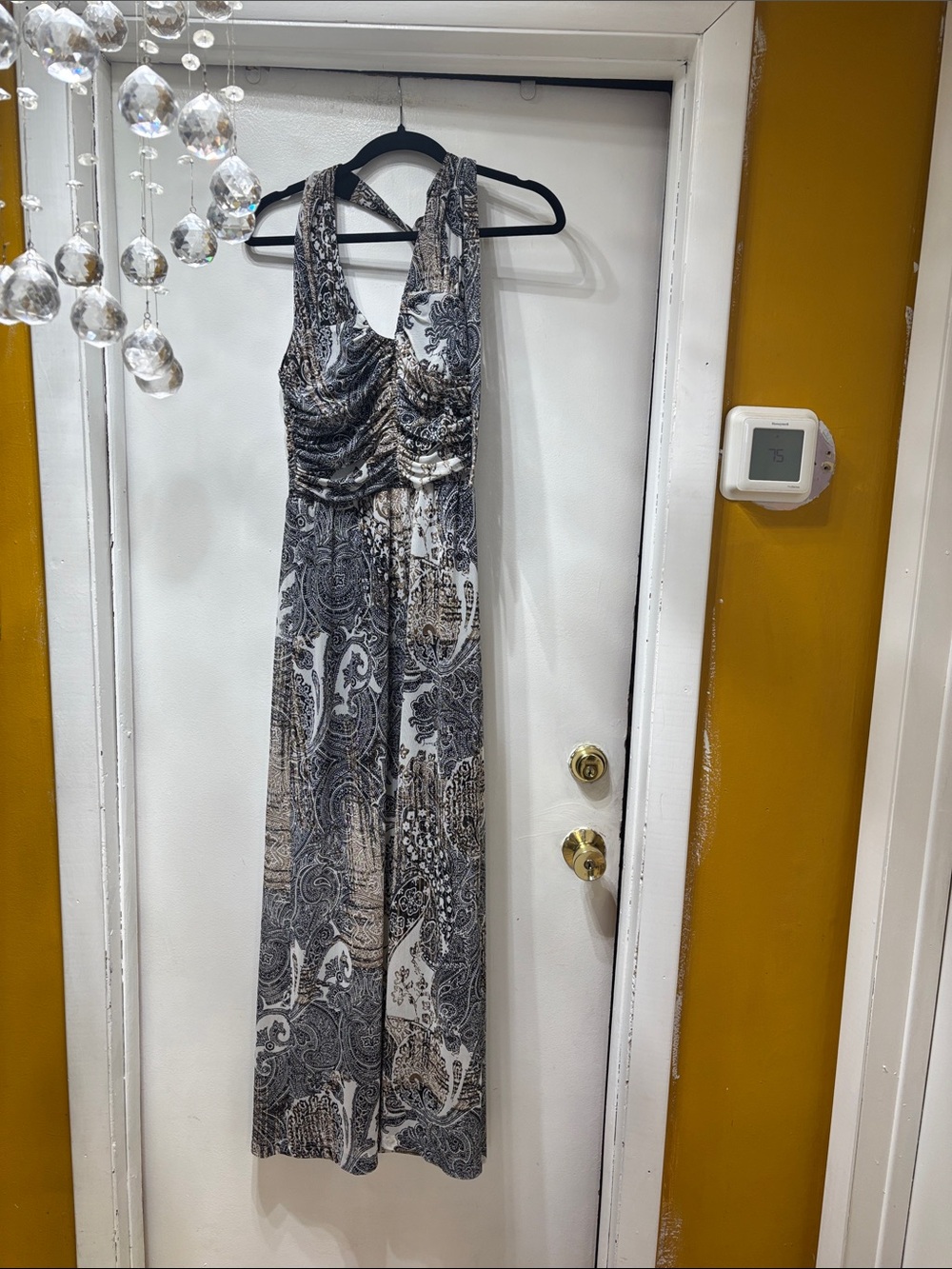 Cache Paisley Halter Maxi Dress in Gray and Cream